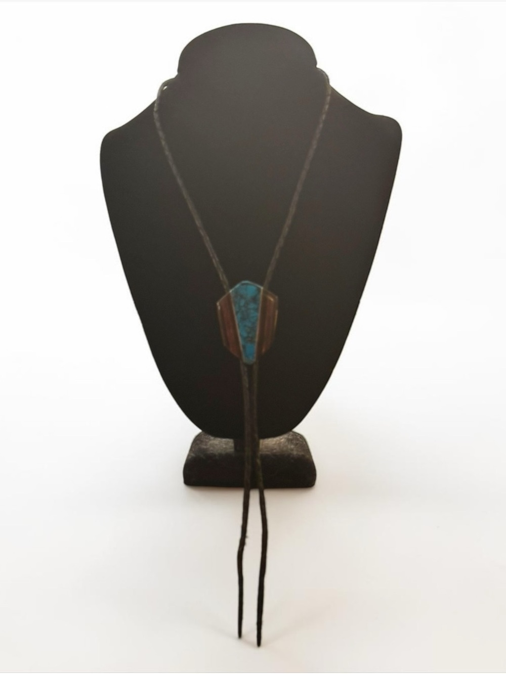 Bolo Tie Wood Inlay Turquoise Stone Leather Silver - Picture 6 of 6